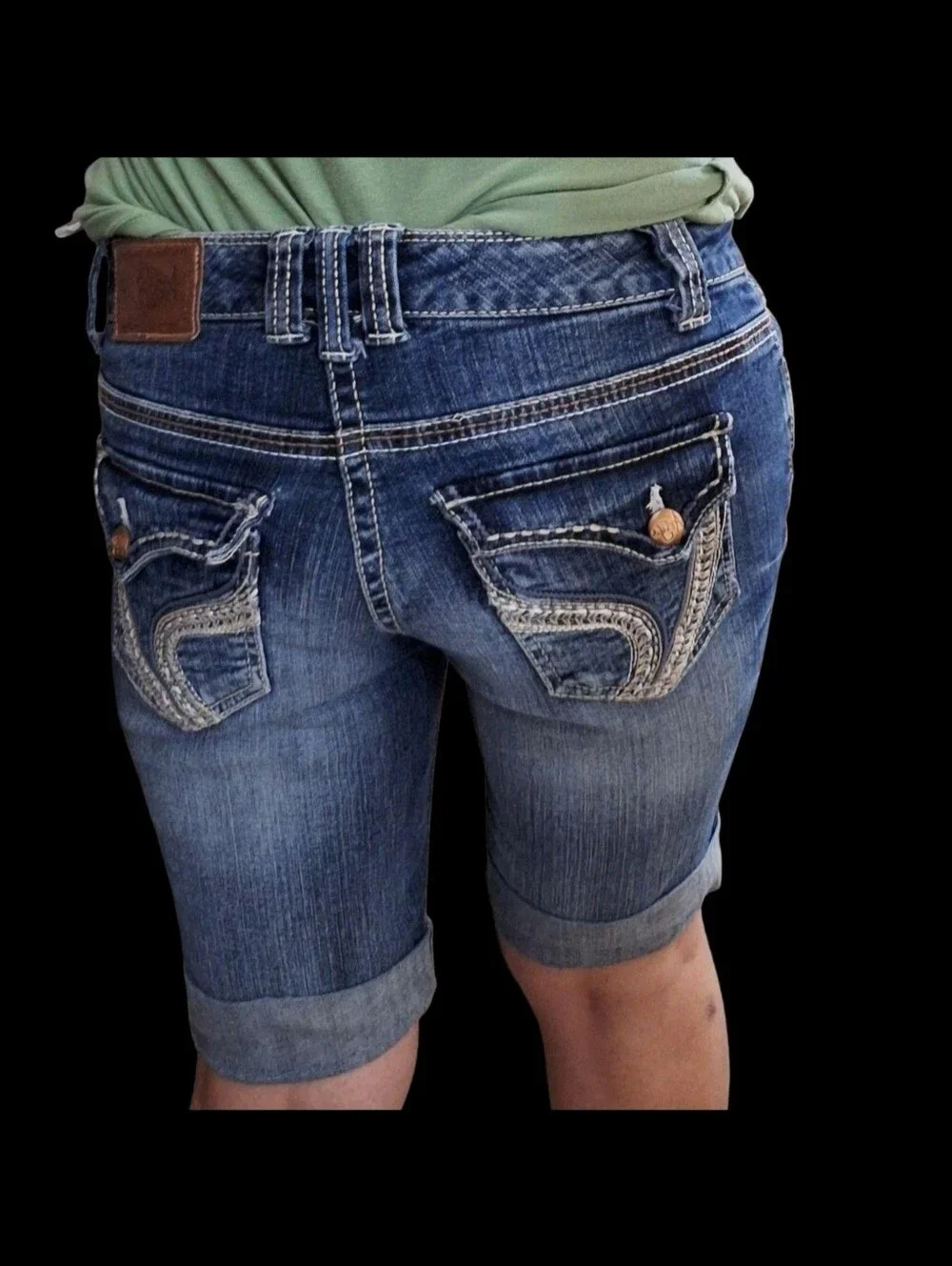Ariya Low Rise Bermuda Denim Shorts Size 0 Y2K Flap Pocket Jorts 25 Waist